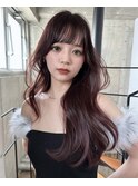 美髪エアリーロングピンクブラウン切りっぱなしボブ
