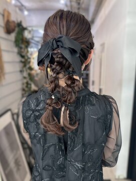 ジゼル 博多筑紫口店(GiseL) 編みおろしツイン　リボンアレンジ　結婚式　お呼ばれ　20代30代