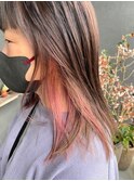 インナーカラーピンク×ミディアムヘア/ミルクティーピンク/20代