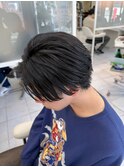 小顔ワンレンボブルフベージュ黒髪ハイライト2