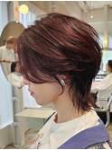 小顔前髪くびレイヤーイメチェン秋色ボルドーウルフマッシュ