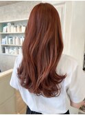 福山人気ブリーチなしオレンジブラウン高発色カラー巻き髪ロング
