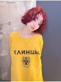 ブリーチなしのチェリーレッド×ウェーブミニボブ