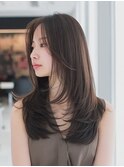 顔周りカットハッシュカットダークブラウンワンホンレイヤー韓国