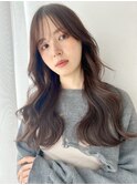 ロングレイヤーカット 前髪パーマ グレージュ 顔周りカット