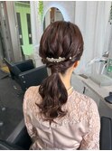 ローポニーポニーテールアレンジ結婚式ヘアセット編み込み表参道