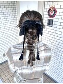 編みおろしポニー ポニーテール  参列ヘア イベントヘア リボン