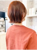 福山市美容室Caary秋冬大人気カラー赤みオレンジぱつんとボブ