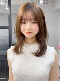小顔 前髪 ミディアムレイヤーカット 大人ガーリー"
