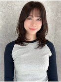 ミディアムレイヤー 顔周りカットダークブラウン 前髪カット