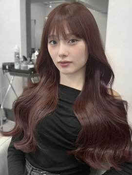 ユニ 原宿(uni) 韓国ヘア大人かわいいロングレイヤーレッドピンクシースルバング