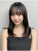 小顔 前髪 ミディアムレイヤーカット ダークアッシュ "
