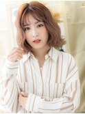 ミルクティーピンクくせ毛風ゆるふわミディa戸頭20代30代40代