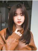 グレージュおくれ毛顔周りレイヤーロング_F30310