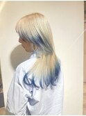 ロングウルフ×ホワイトベージュ×エンドカラーブルー