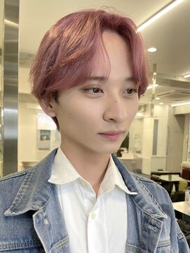 サンクマーケット 渋谷(cinq MARKET) 韓国メンズピンクベージュミルクティーカラーセンターパートヘア