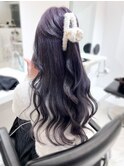 ラベンダーアッシュ 深めラベンダー ハーフアップ 巻き髪