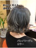 グレーアッシュバイヤレージュカラー×外ハネくびれボブディ