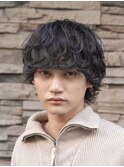 渋谷メンズミディアムパーマメンズボブウルフカット緩め