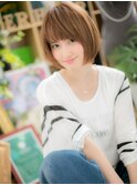 ウザバング暖色系カラー前下がり小顔ミニボブc5戸頭20代30代40代