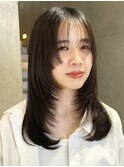ブリーチなし暗髪カラー韓国風カラーミディアムレイヤー顔周り