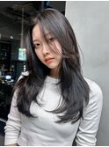 ロングダークアッシュ韓国ヘア顔周りレイヤー_F21415