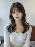 顔まわりレイヤー/韓国レイヤー/アッシュブラック/くびれロング