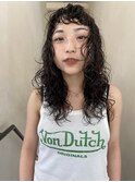 黒髪レイヤーロングパーマ顔まわりカット似合わせウェーブ
