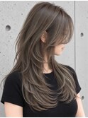ロング バタフライカット ミントグレージュ シースルーバング