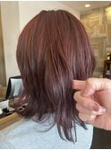 ブリーチなしダブルカラー　ワインレッド　結べる長さのボブ
