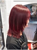 【白石】ブリーチなし赤髪ワインレッドレイヤーミディアム原宿