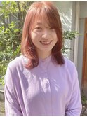 毛利/ミディアム外はね レイヤー ペールオレンジ ピンクカラー