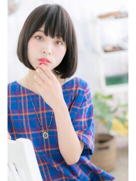 ミック ヘアアンドメイク アップ 駒込店(miq Hair&Make up) 大人かわいい黒髪前髪パッツン前下がりナチュラルボブa1