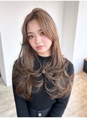 ロング韓国ヘア顔周りレイヤーオリーブベージュ_F20696