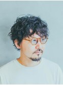 メンズスパイラル無造作パーマ/アッシュブラック