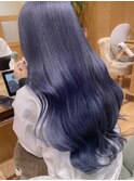 韓国ブルーグレージュネイビーハイトーンロングレイヤーカット