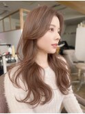 小顔ロングレイヤーカットマロンベージュワンレンウェーブ巻き髪