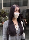 韓国ロングストレートヘア 姫カット 暗髪ラベンダーグレージュ