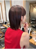 ピンクブラウンブラウンカラー切りっぱなしボブハイライト