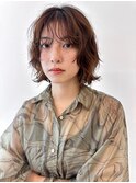 ミニボブ顔まわりレイヤーニュアンスパーマブラウン