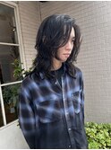 顔周りロングレイヤー、メンズウルフ、ニュアンスカール
