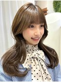 美髪カールグレージュ韓国レイヤーロングセミディ顔周り前髪
