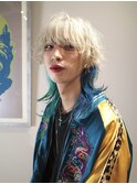 ロングウルフ/デザインカラー/インナーカラーブルー×ターコイズ