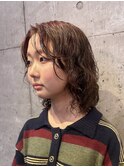 オレンジブラウン×ウェーブパーマ