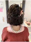 着物ヘア　小顔ショートアレンジ　ハーフアップ　結婚式　二次会