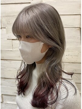 アバシュ A V A S H 裾カラー/エンドカラー/グレージュ×ピンクレッド