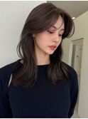 小顔/レイヤーカット/ボブルフ/かきあげバング/黒髪/ネビージュ