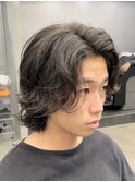 渋谷毛流れスパイラルパーマメンズボブウルフメンズミディアム
