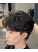 韓国へアカルマパーマワックスなしセンターパート黒髪ウルフ