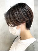 ハンサムショートボブ切りっぱなし前下がりミニボブ前髪なし調布